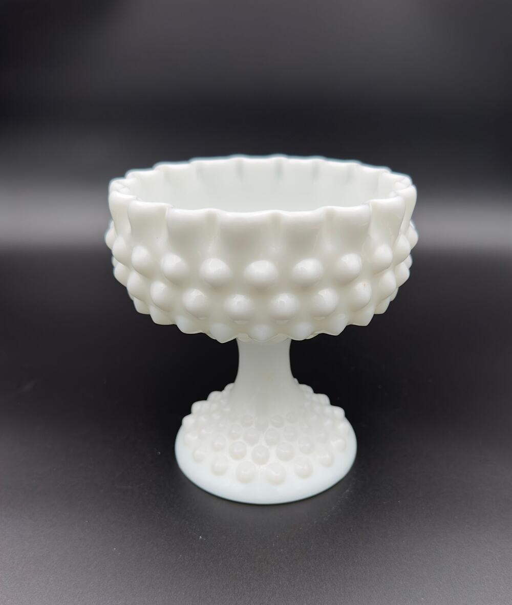 Fenton-Style Hobnail Milk Glass Footed Compote, Ruffled Rim, 6.5"